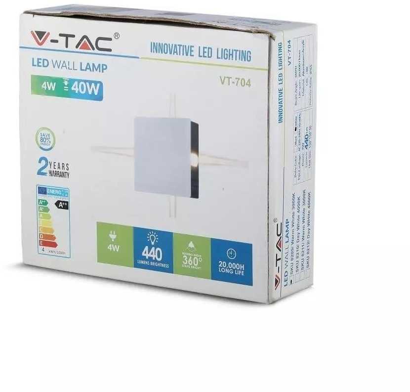 4W LED sieninis šviestuvas V-TAC, kvadratinis, baltas, IP65, 4000K (natūraliai balta)