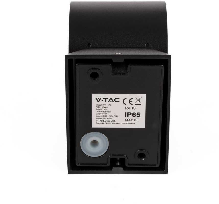 V-tac 5W LED sieninis šviestuvas, juodas, 4000K