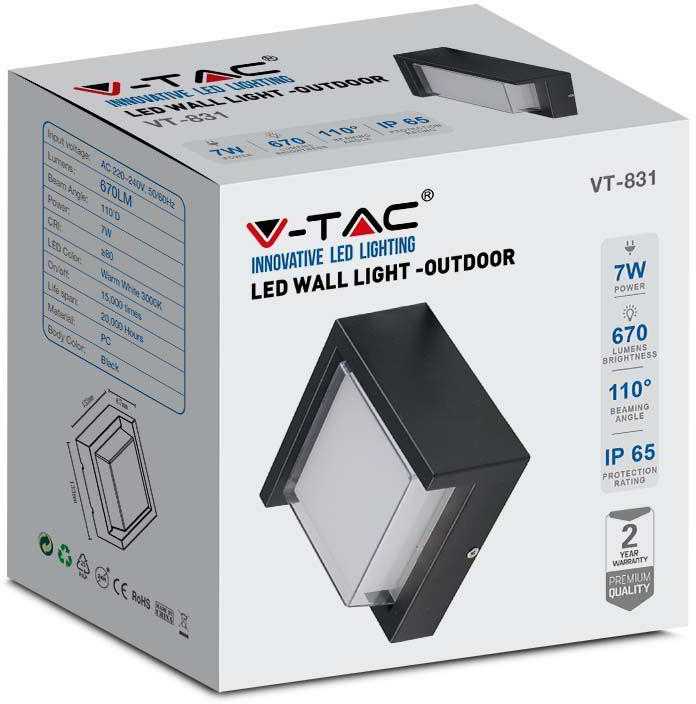 V-tac 7W LED sieninis šviestuvas, juodas, 3000K, IP65