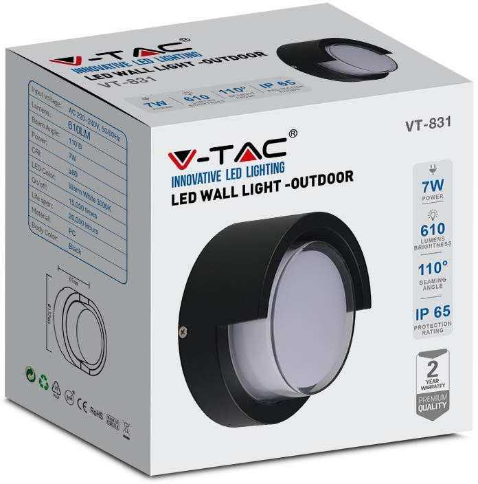 V-tac 7W LED sieninis šviestuvas, juodas, 3000K, IP65