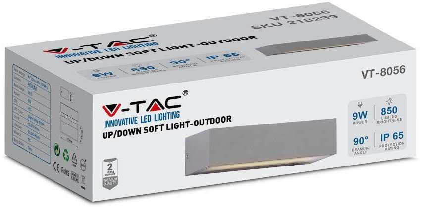 V-tac 9W LED sieninis šviestuvas, pilku korpusu, 4000K, IP65