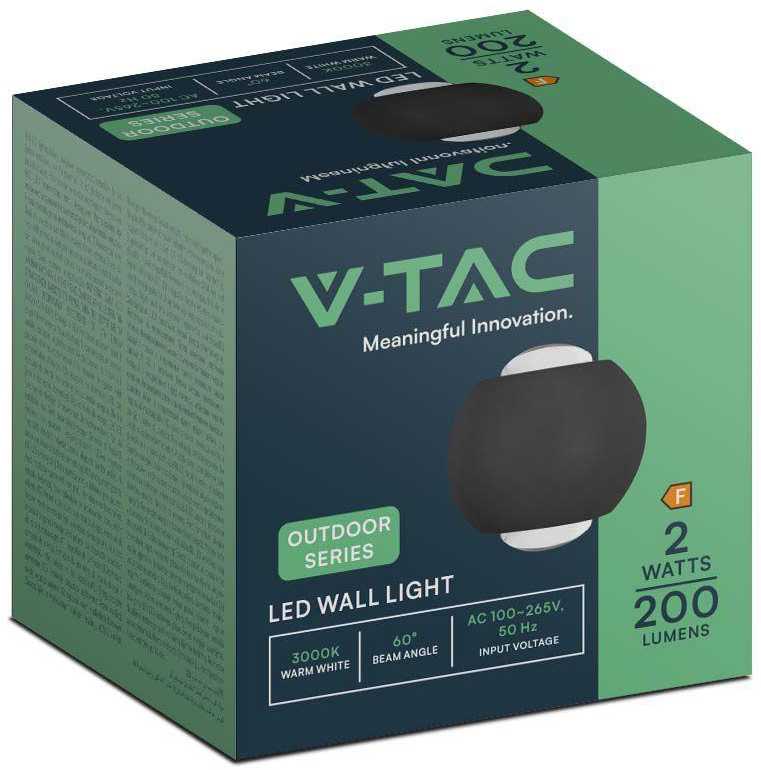 V-tac 2W LED sieninis šviestuvas, juodas, 4000K, IP54