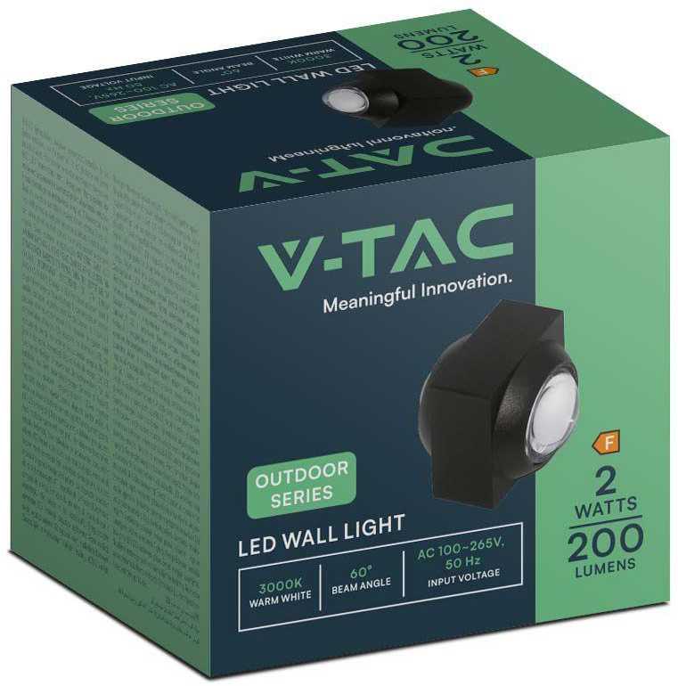 V-tac 2W LED sieninis šviestuvas, juodas, 3000K, IP54