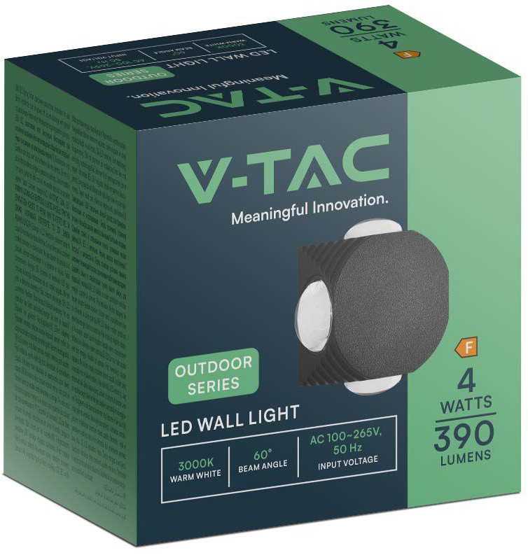 V-tac 4W LED sieninis šviestuvas, juodas, 3000K, IP54