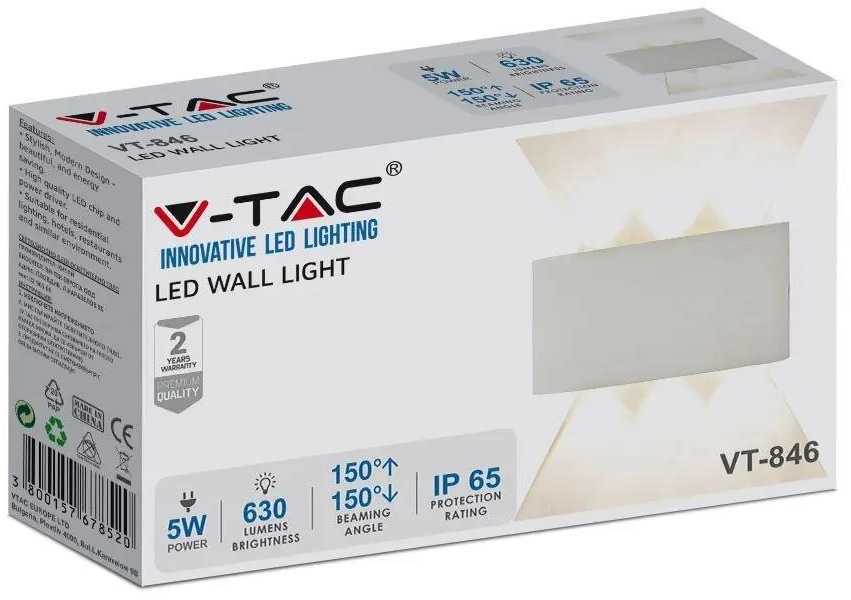 V-tac 5W LED sieninis šviestuvas, baltas, 3000K, IP65