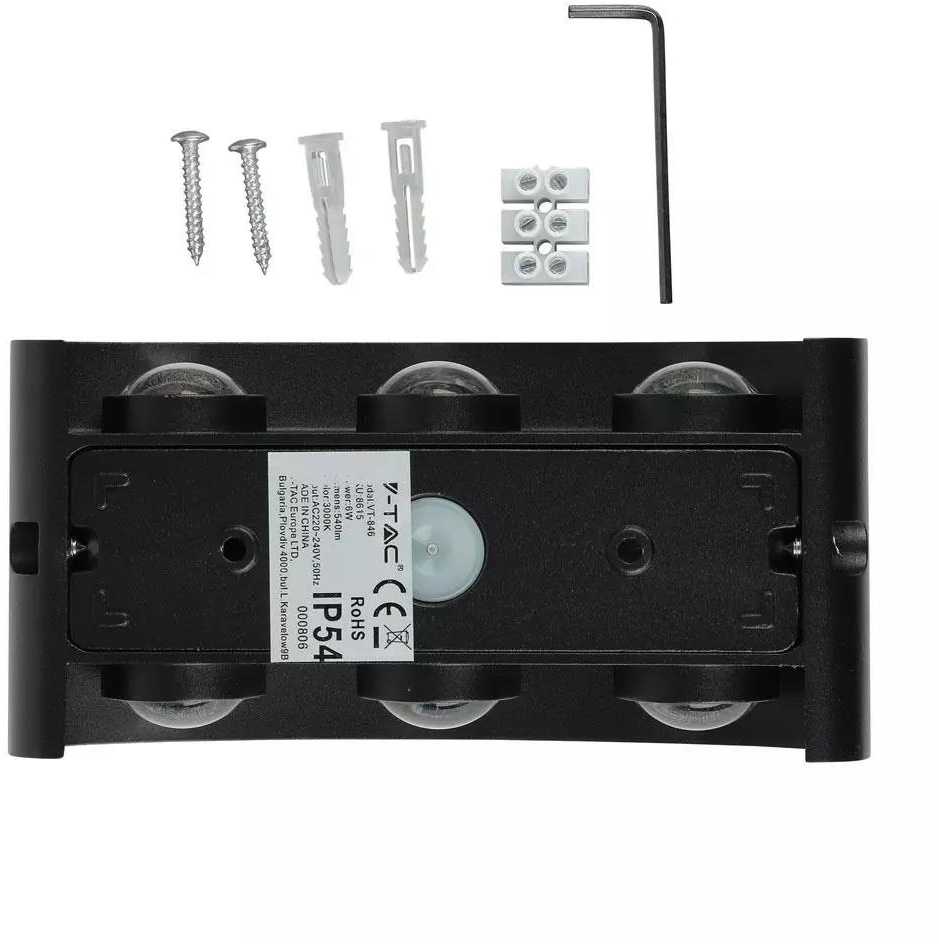 V-tac 5W LED sieninis šviestuvas, juodas, 3000K, IP65