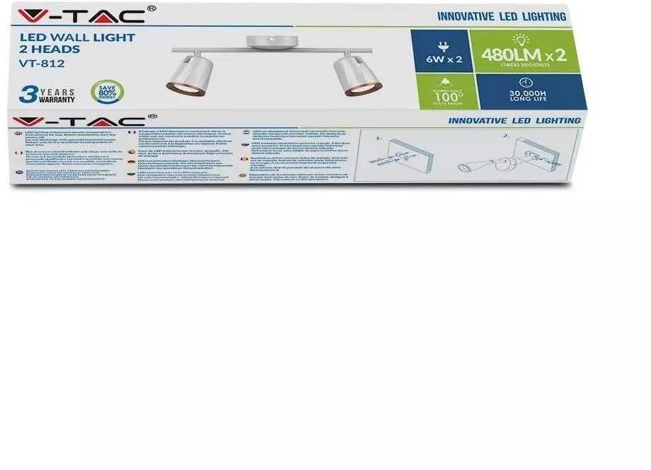 Lubinis šviestuvas 2 x 6W LED sieninis šviestuvas V-TAC, baltas, 3000K (šiltai balta)