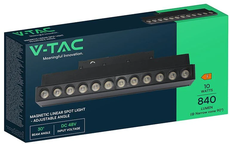 Oprawa szynoprzewód 48V V-TAC 10W 48V 36st LED juoda 22cm regulowana VT-41029 4000K 840lm 3 metai gwarancji