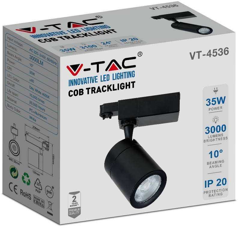 V-tac 35W LED šviestuvas į bėgelius, juodas, 6000K