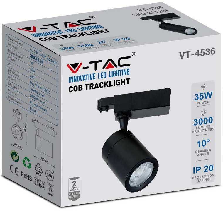 V-tac 35W LED šviestuvas į bėgelius, juodu korpusu, 4000K