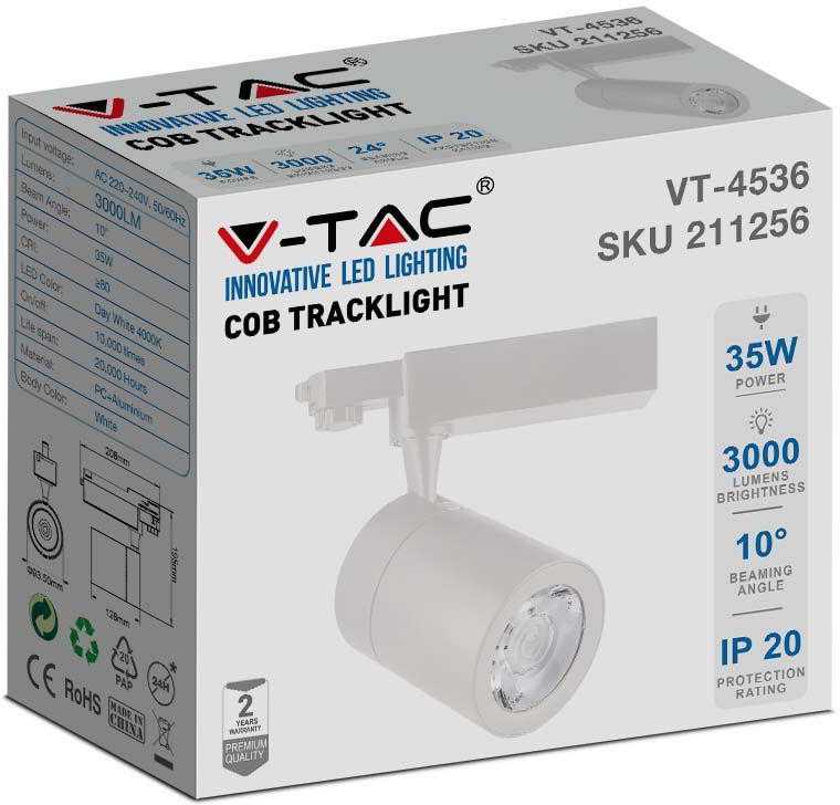 V-tac 35W LED šviestuvas į bėgelius, baltu korpusu, 6400K