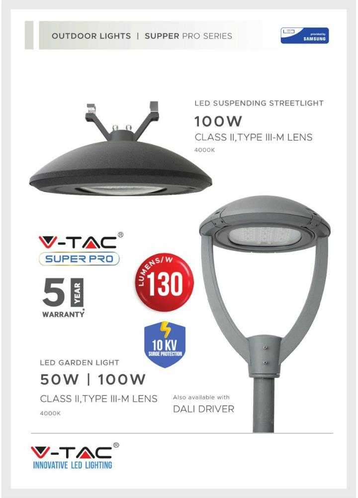 100W gatvės šviestuvas V-TAC, 2 klasė, 4000K, SAMSUNG LED chip