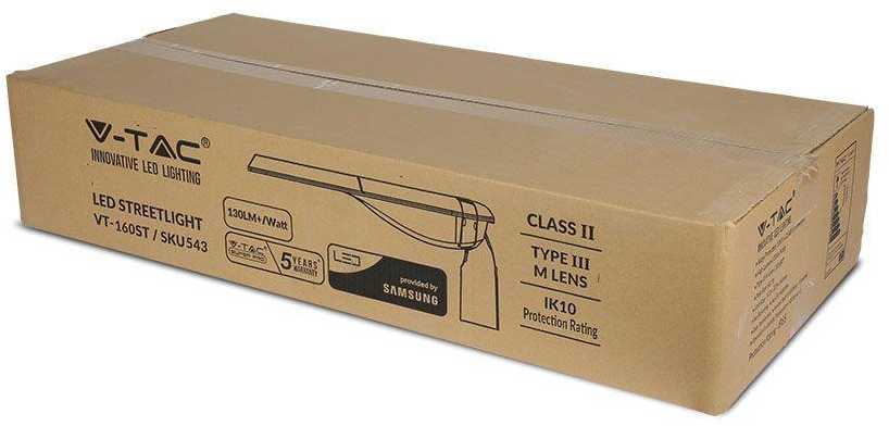 160W gatvės šviestuvas V-TAC, 2 klasė, 4000K (natūraliai balta), SAMSUNG LED chip