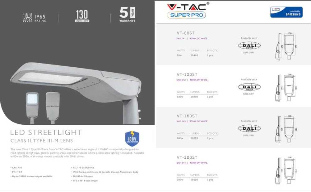 160W gatvės šviestuvas V-TAC, 2 klasė, 4000K (natūraliai balta), SAMSUNG LED chip