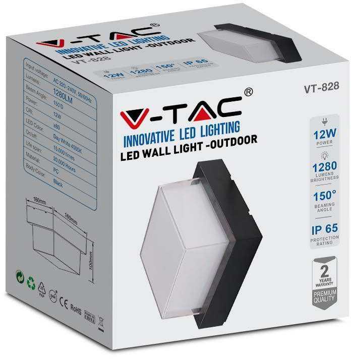 V-tac 12W LED sieninis šviestuvas, juodas, 4000K, IP65