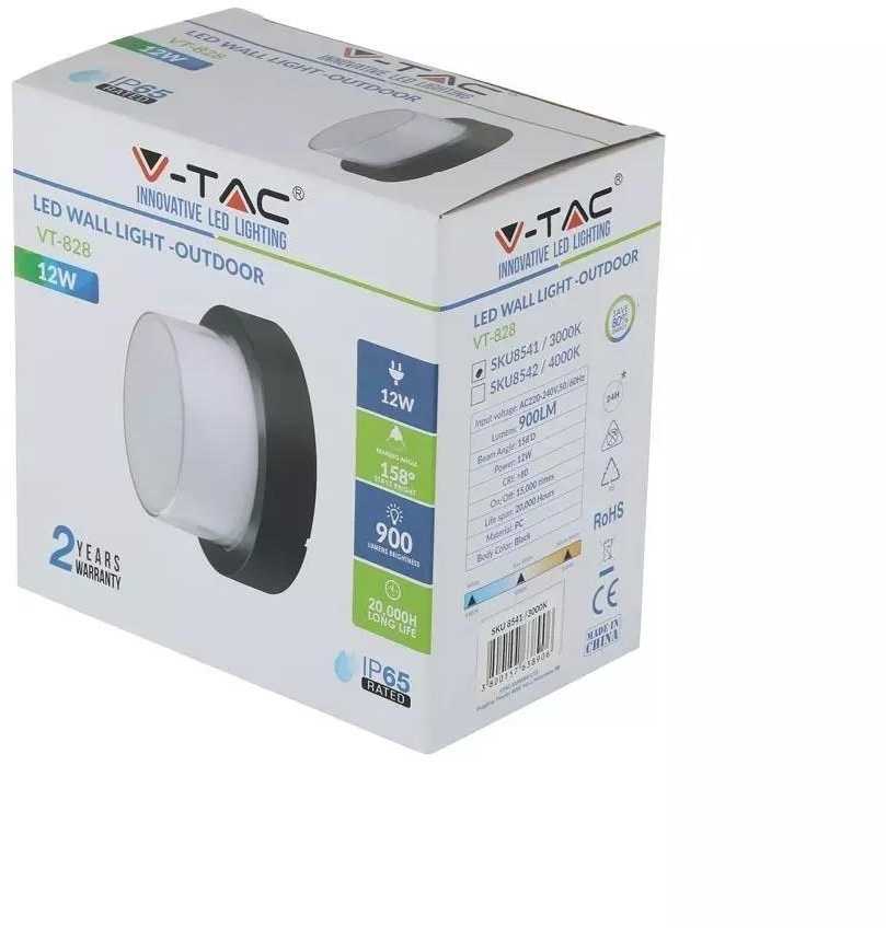 V-tac 12W sieninis šviestuvas, juodas, apvalus, 158°, 3000K