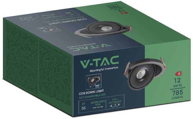 V-tac 12W LED įleidžiamas šviestuvas, juodas, 3000-6400K