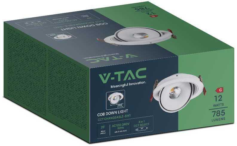 V-tac 12W LED įleidžiamas šviestuvas, baltas, 3000-6400K