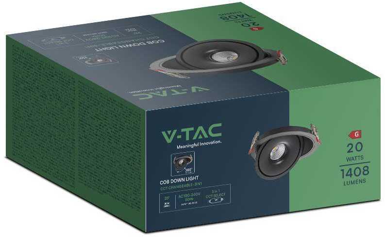 V-tac 20W LED įleidžiamas šviestuvas, juodas, 3000-6400K