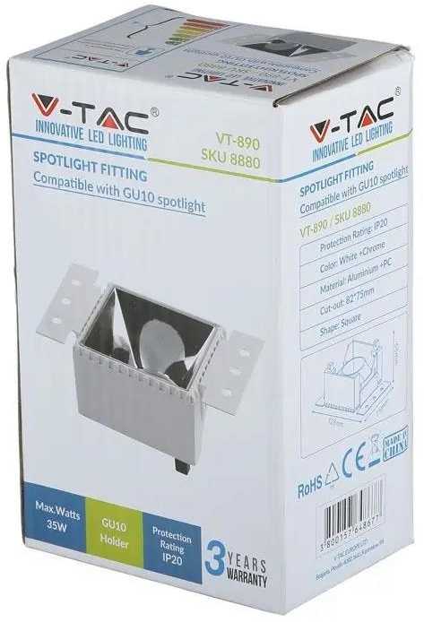 GU10 lemputės įmontuojamas rėmelis V-TAC, kvadratinis, baltas korpusas/chromo sp. reflektorius