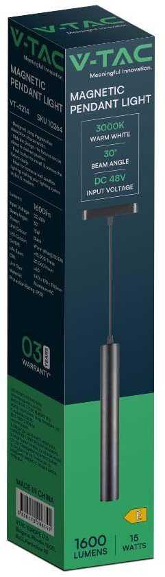 V-tac 15W LED pakabinamas šviestuvas į magnetinius bėgelius, juodas, 6400K