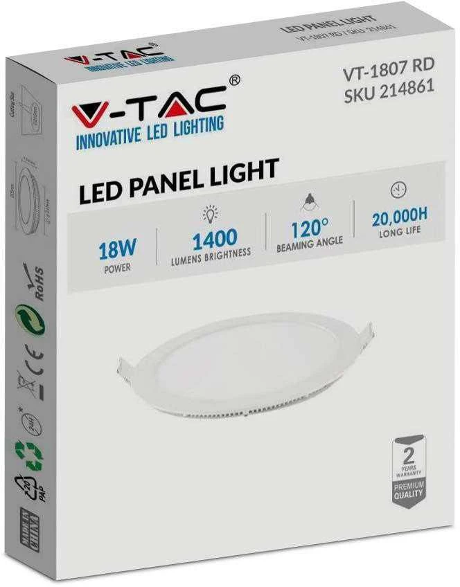 V-tac 18W LED įmontuojama panelė, balta, 4000K, su maitinimo šaltiniu