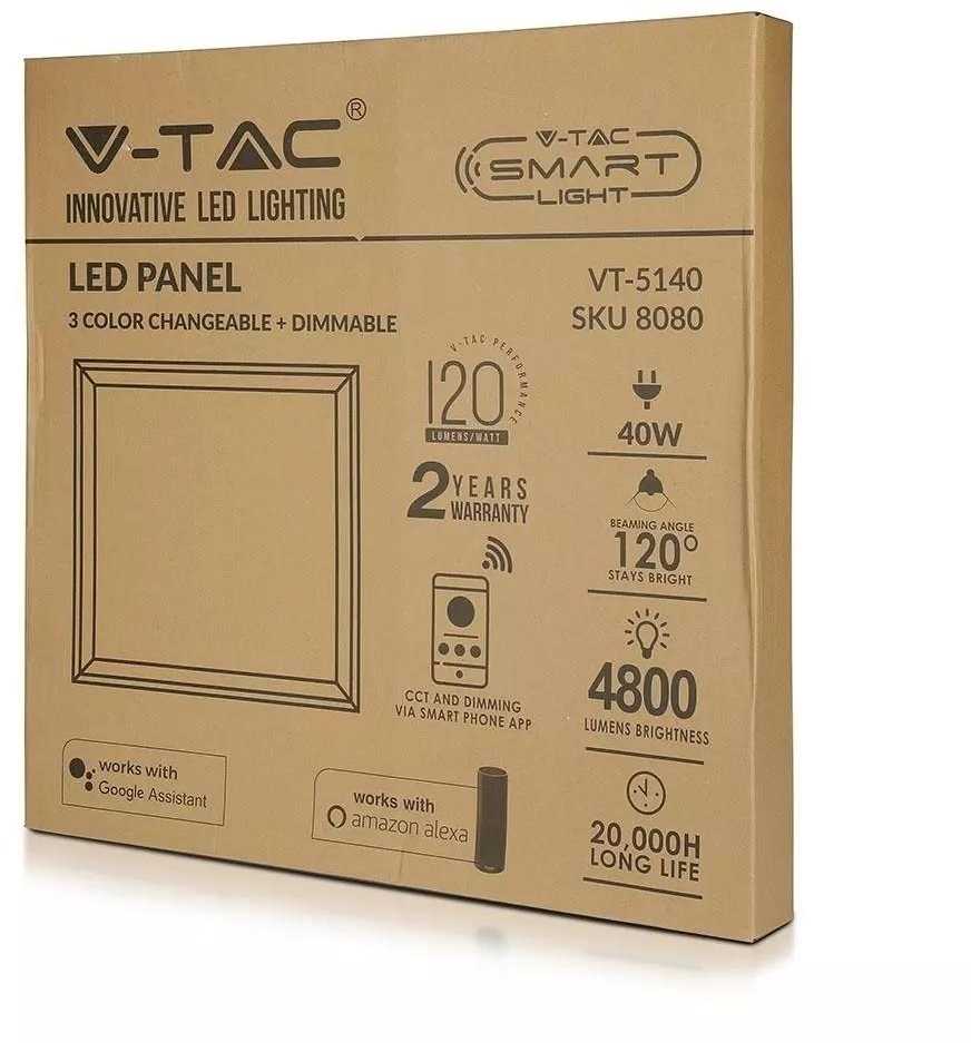 V-tac 40W LED panelė, 600x600 mm, 3IN1, suderinama su GOOGLE HOME ir AMAZON ALEXA, su maitinimo šaltiniu