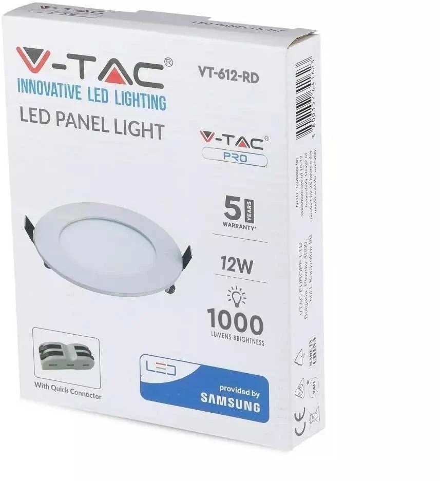 12W LED įmontuojamas šviestuvas SAMSUNG LED chip, premium V-TAC, apvalus, 4000K (natūraliai balta)