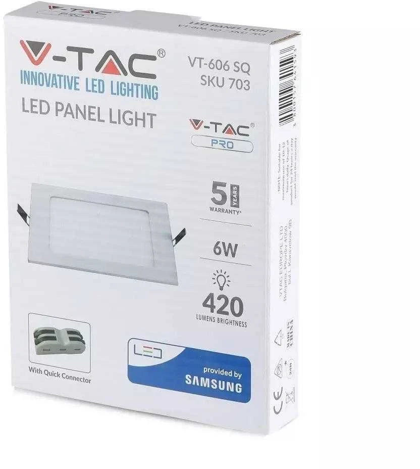 6W LED įmontuojama panelė premium V-TAC, kvadratinė, 4000K, SAMSUNG LED chip