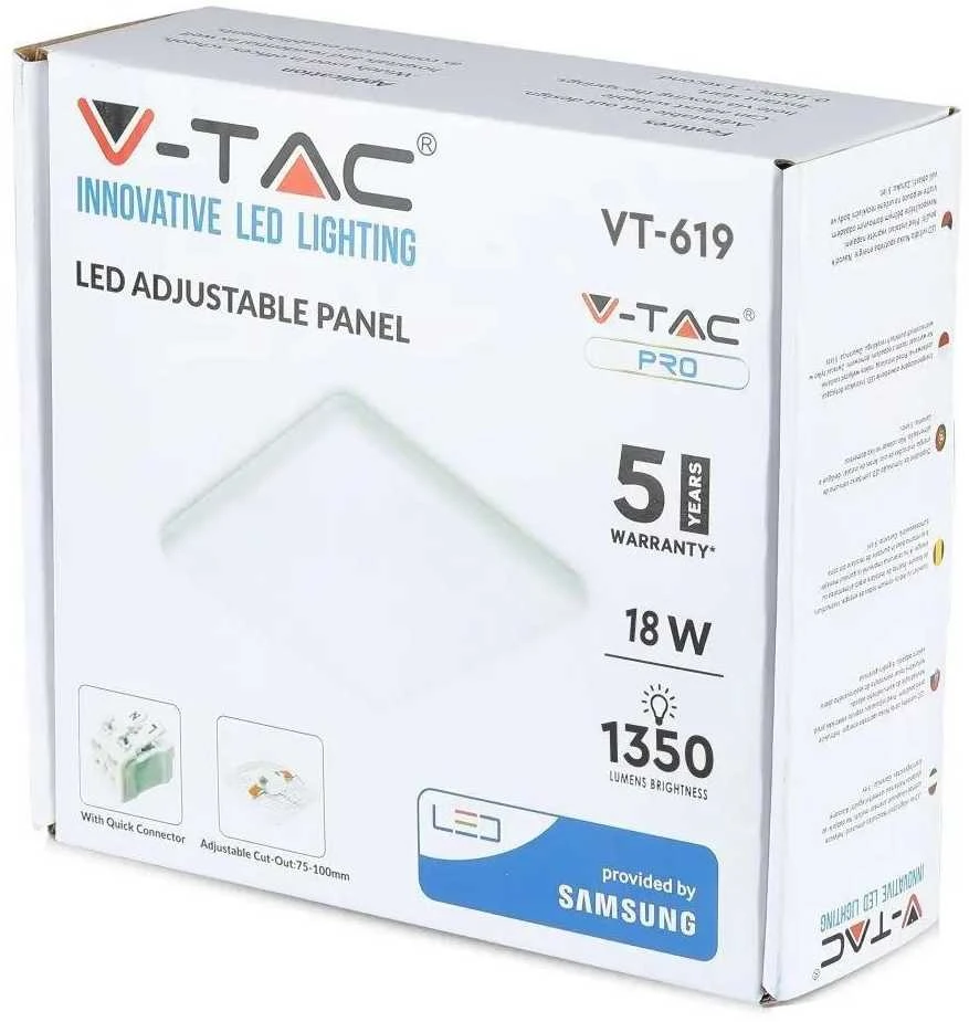 18W LED keičiamo montavimo skersmens panelė V-TAC, kvadratinė, 6400K (šaltai balta), SAMSUNG LED chip