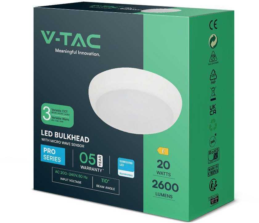 Lubinis šviestuvas V-tac 8W/16W/20W LED paviršinis šviestuvas, baltas, 3000/4000/6500K, IP65, su judesio davikliu