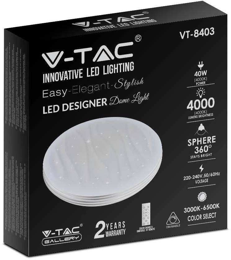 Sieninis šviestuvas V-tac 40W paviršinis šviestuvas, 3in1, dimeriuojamas pulteliu, baltas, su žvaigždėtu banguotu dangteliu