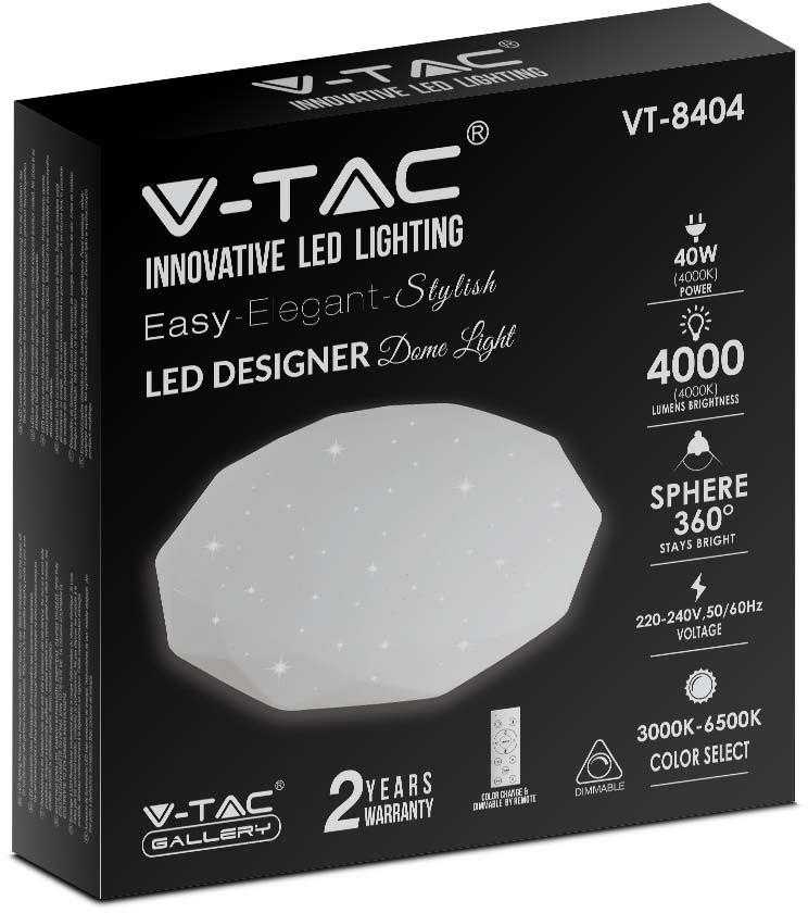 Lubinis šviestuvas V-tac 40W paviršinis šviestuvas, 3in1, dimeriuojamas pulteliu, baltas, su žvaigždėtu dangteliu
