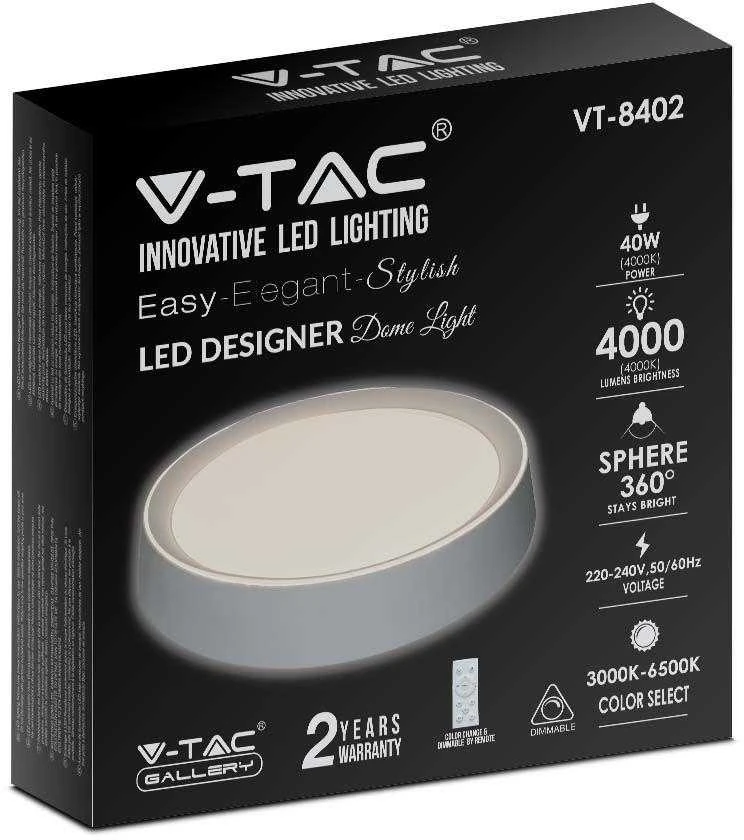 Sieninis šviestuvas V-tac 40W LED paviršinis šviestuvas, dimeriuojamas pulteliu, baltas