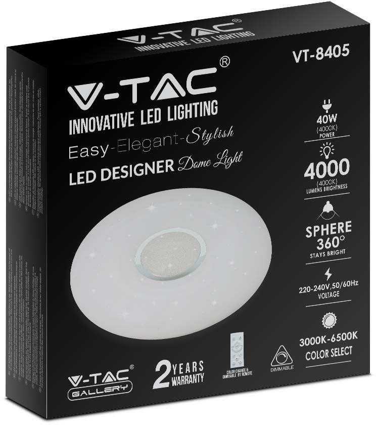 Lubinis šviestuvas V-tac 40W paviršinis šviestuvas, 3in1, dimeriuojamas pulteliu, baltas, su žvaigždėtu dangteliu