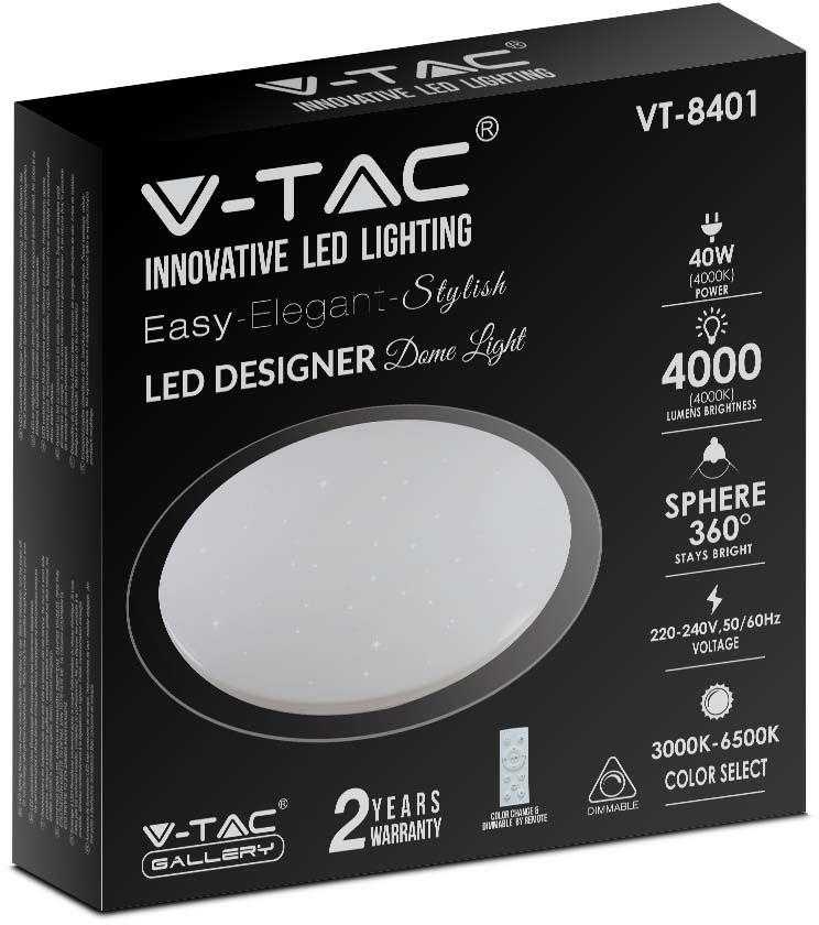 Lubinis šviestuvas V-tac 40W paviršinis šviestuvas, 3in1, dimeriuojamas pulteliu, baltas, su žvaigždėtu dangteliu