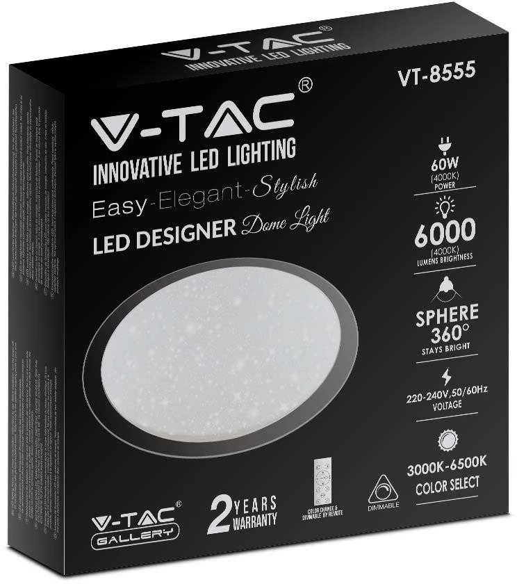 Lubinis šviestuvas V-tac 60W paviršinis šviestuvas, 3in1, dimeriuojamas pulteliu, baltas, su žvaigždėtu dangteliu