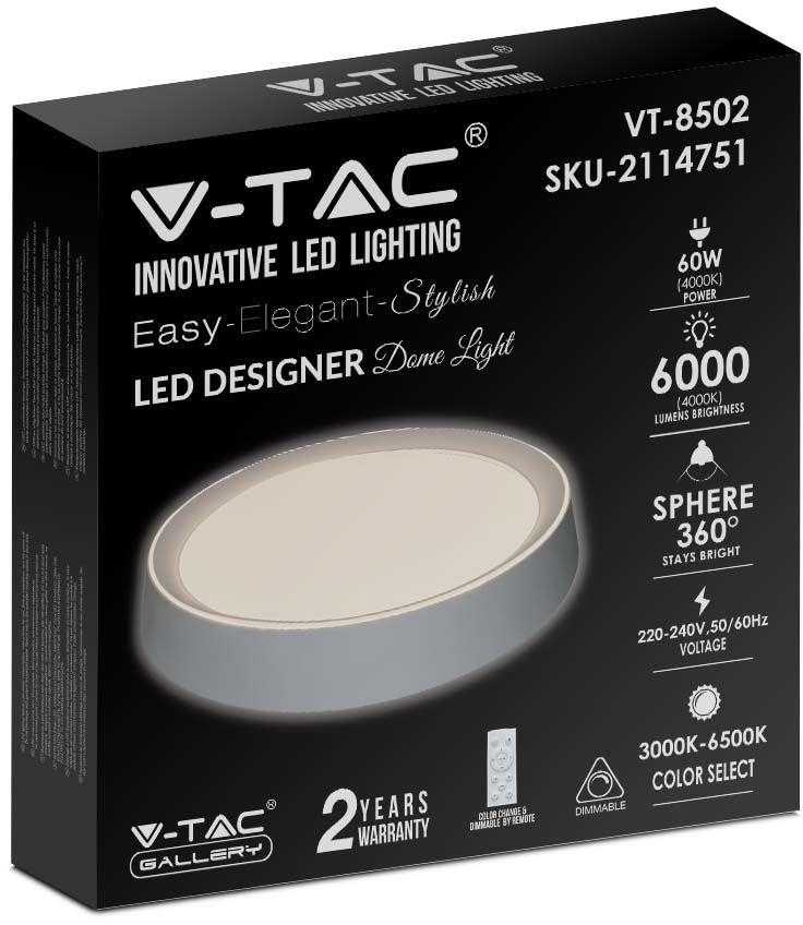 Lubinis šviestuvas V-tac 60W paviršinis šviestuvas, 3in1, dimeriuojamas pulteliu, baltas
