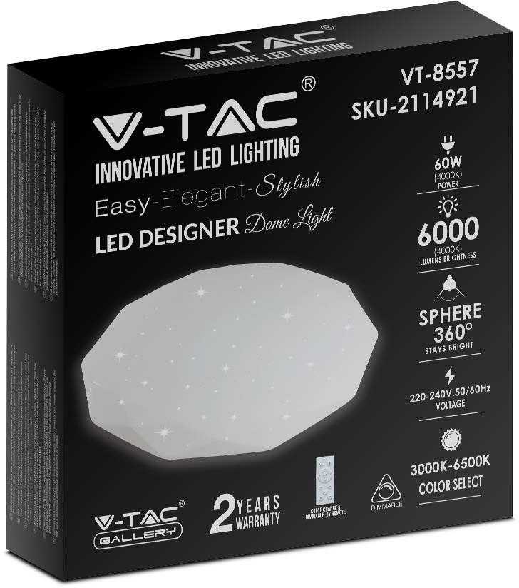 Lubinis šviestuvas V-tac 60W paviršinis šviestuvas, 3in1, dimeriuojamas pulteliu, baltas, su žvaigždėtu dangteliu