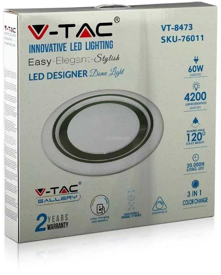 Lubinis šviestuvas 60W paviršinis šviestuvas V-TAC, 3in1, dimeriuojamas pulteliu, baltas, su žvaigždėtu dangteliu