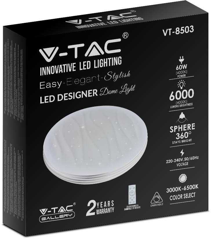 Lubinis šviestuvas V-tac 60W paviršinis šviestuvas, 3in1, dimeriuojamas pulteliu, baltas, su žvaigždėtu banguotu dangteliu