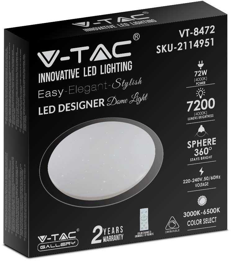 Lubinis šviestuvas V-tac 72W paviršinis šviestuvas, 3in1, dimeriuojamas pulteliu, baltas, su žvaigždėtu dangteliu