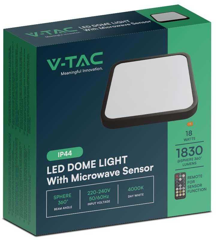 Sieninis šviestuvas V-tac 18W LED paviršinis šviestuvas, kvadratinis, juodu korpusu, 4000K, IP44, su judesio davikliu
