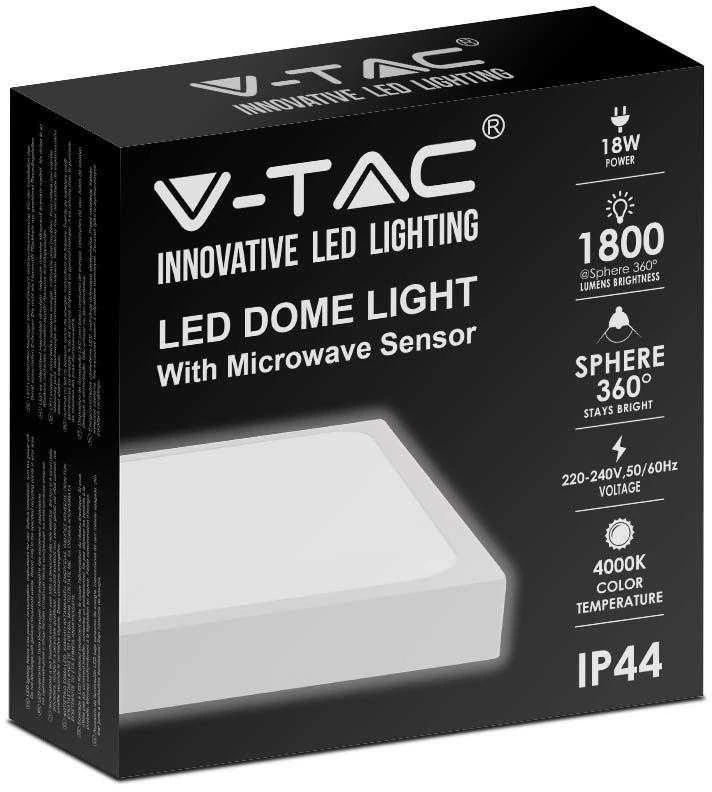 Sieninis šviestuvas V-tac 18W LED paviršinis šviestuvas, baltas, 4000K, IP44, su judesio davikliu
