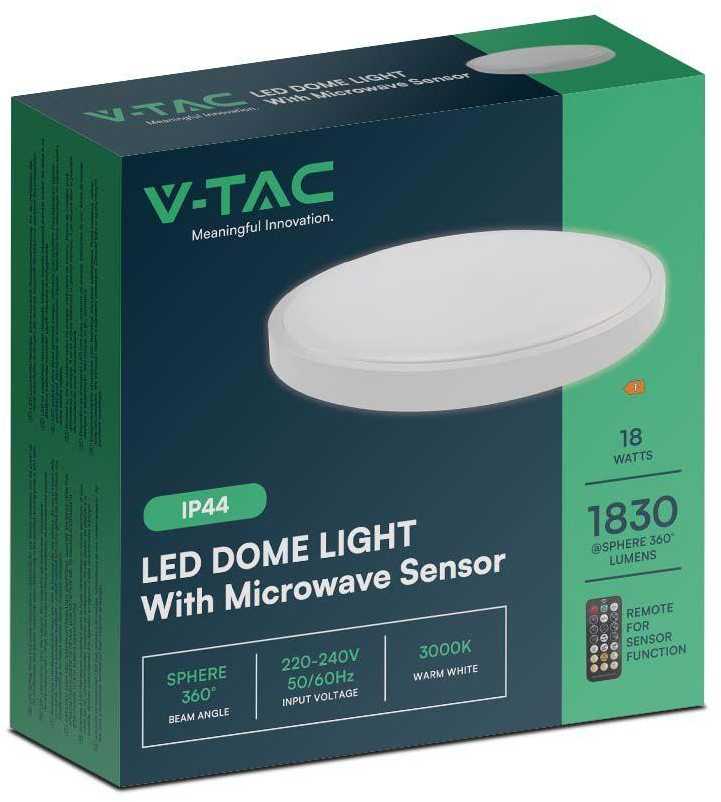 Sieninis šviestuvas V-tac 18W LED paviršinis šviestuvas, baltas, 4000K, IP44, su judesio davikliu ir nuotolinio valdymo pulteliu