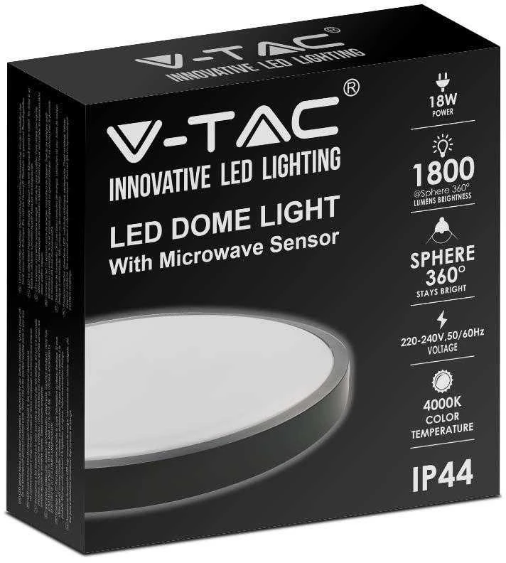 V-tac 18W LED paviršinis šviestuvas, juodu korpusu, 4000K, IP44, su judesio davikliu
