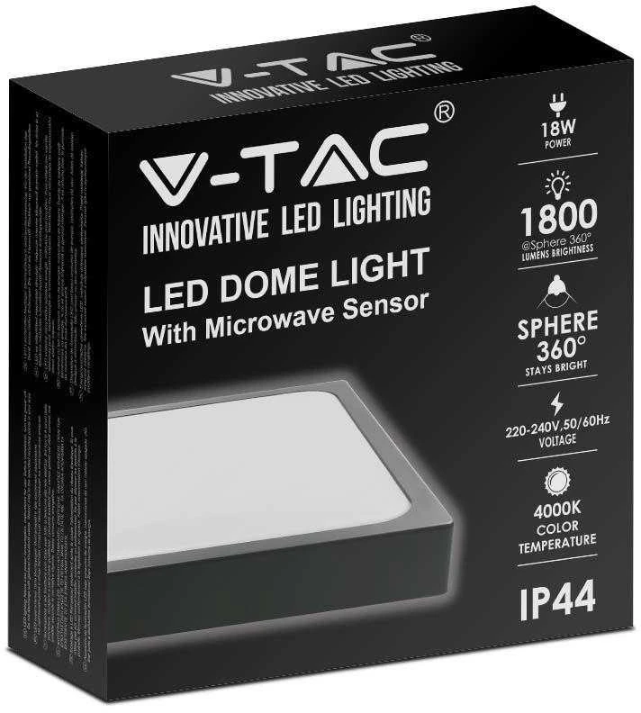 Sieninis šviestuvas V-tac 24W LED paviršinis šviestuvas, juodas, 4000K, IP44, su judesio davikliu