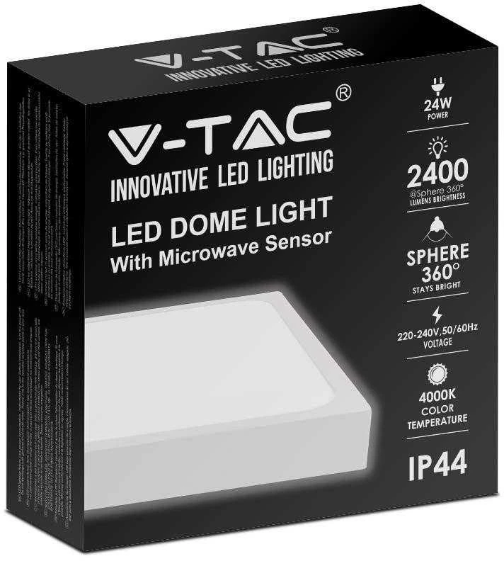 Lubinis šviestuvas V-tac 24W LED paviršinis šviestuvas, baltas, 4000K, IP44, su judesio davikliu
