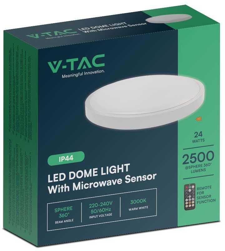 Sieninis šviestuvas V-tac 24W LED paviršinis šviestuvas, baltas, 6500K, IP44, su judesio davikliu