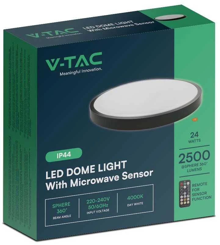 Sieninis šviestuvas V-tac 24W LED paviršinis šviestuvas, juodu korpusu, 4000K, IP44, su judesio davikliu